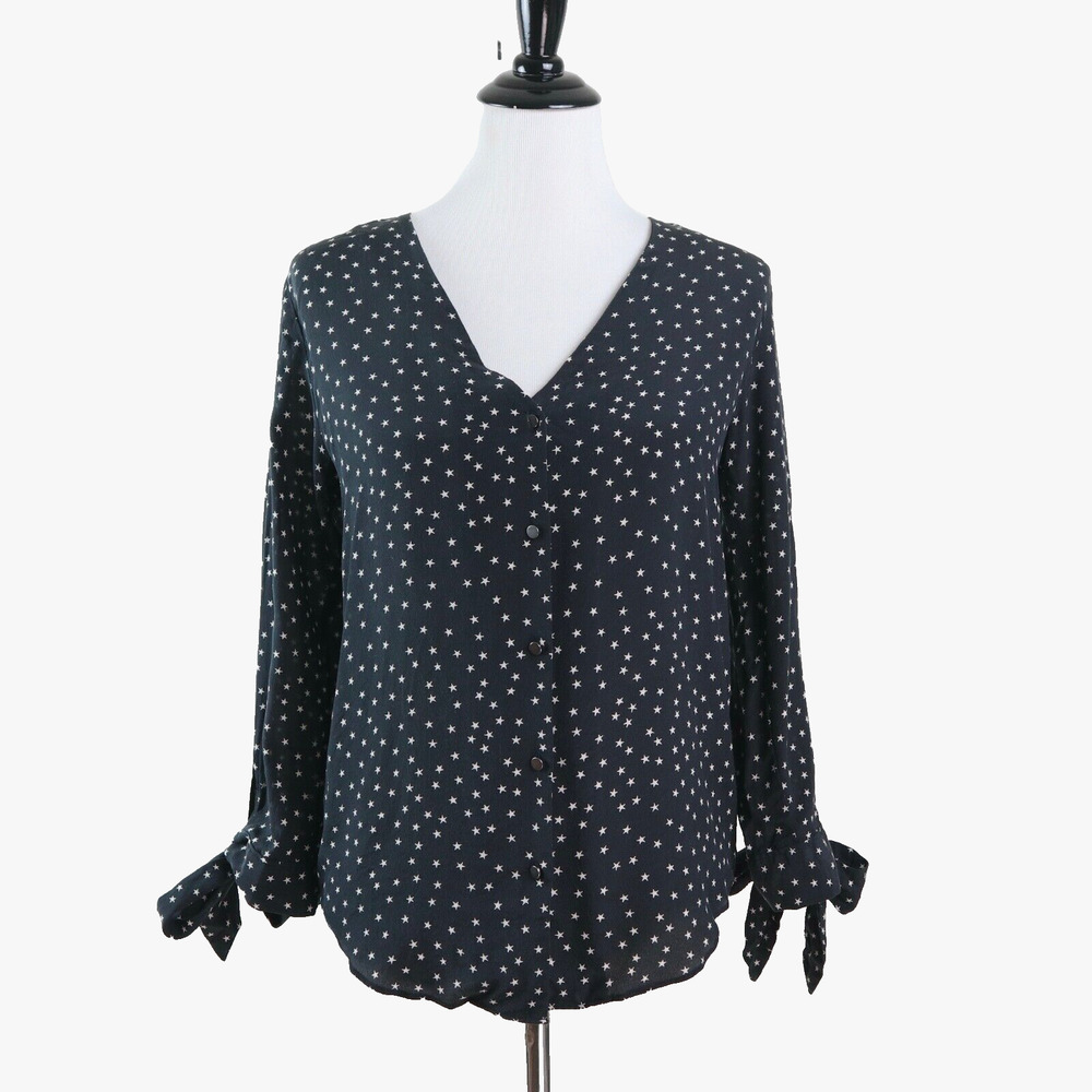Madewell Size S Silk Star Scatter Tie Sleeve Blouse Black White - Picture 2 of 11